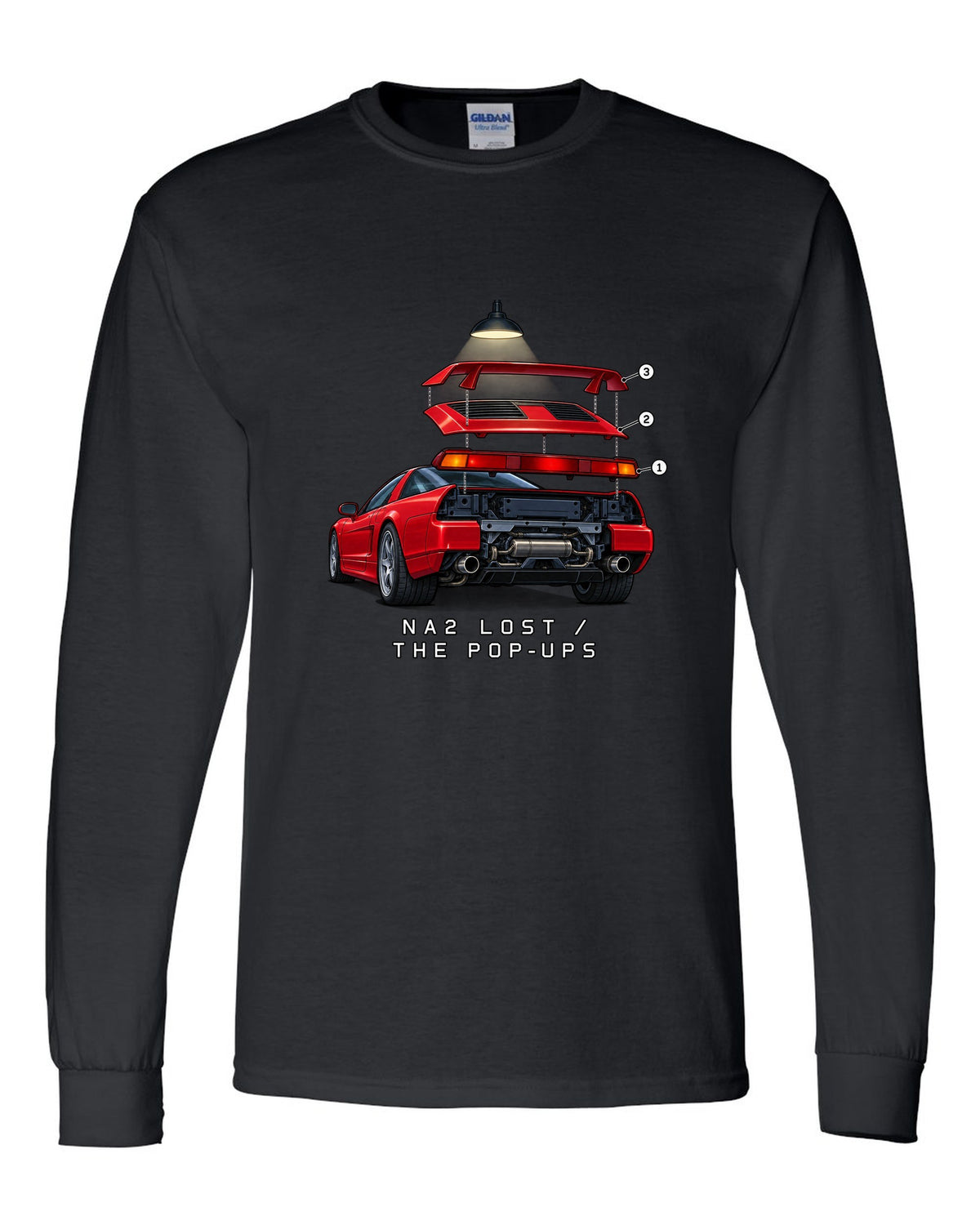 Isometric exploded taillight diagram of a 2002 Honda NSX NA2 with NA2 Lost The Pop-Ups lettering black long sleeve front view with the design