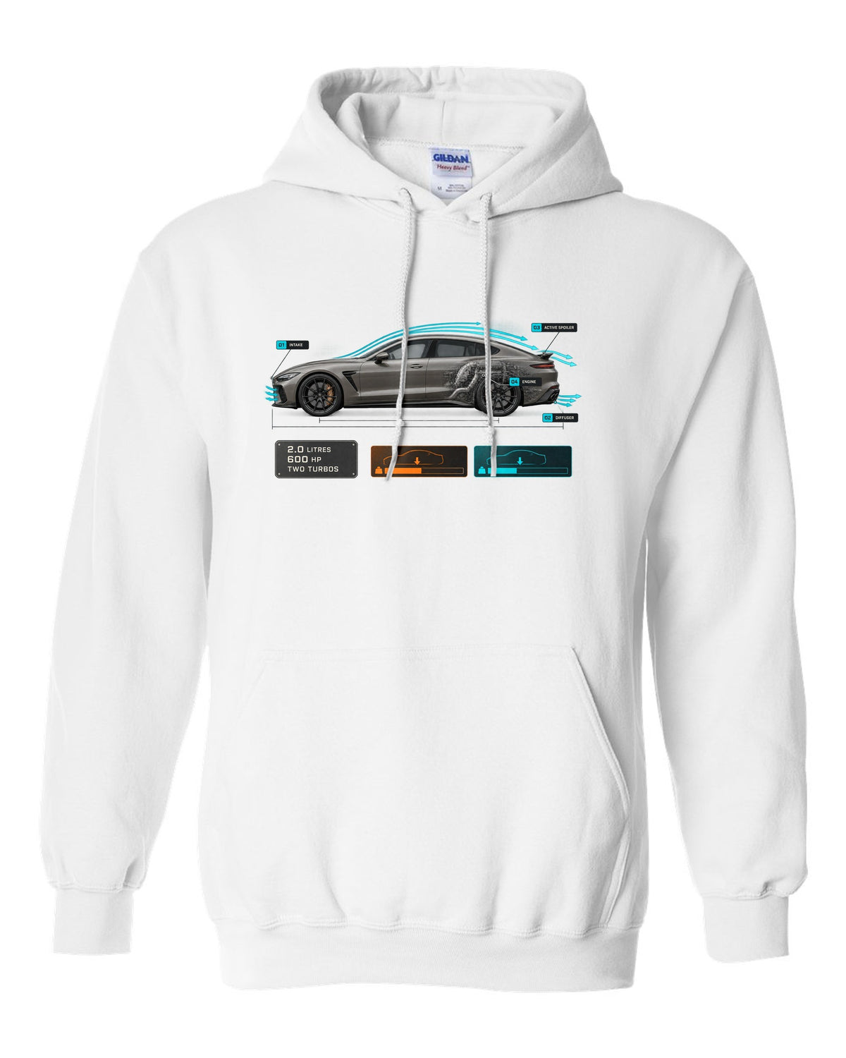 print of the Koenigsegg Gemera with aero callouts and the text 2.0 litres, 600 hp, two turbos white pull over hoodie front view with the design