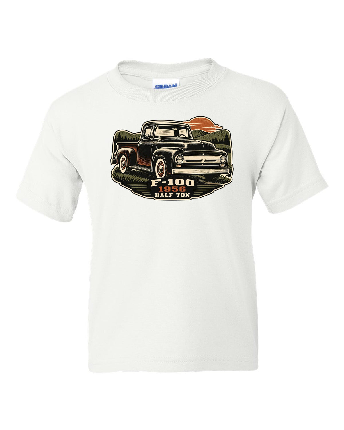 Dusk linocut print of a 1956 Ford F-100 pickup with Half Ton lettering white kids tee front view with the design