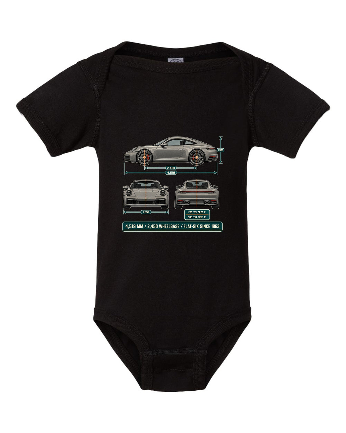 Dimension blueprint print of a Porsche 992 Carrera S with measurements black baby onesie front view with the design