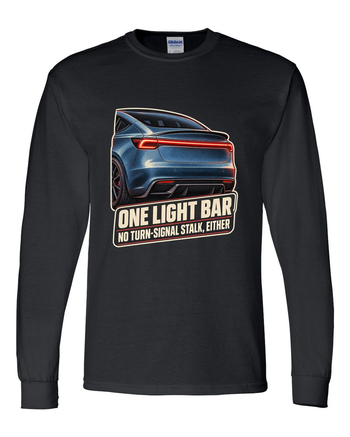 Rear taillight macro print of a Tesla Model 3 Performance Highland with a light bar black long sleeve front view with the design