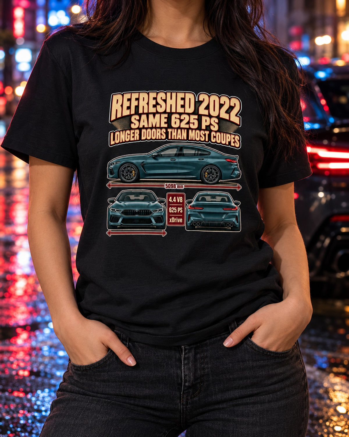 BMW M8 Gran Coupe F93 2022 Three-View print Tee T-Shirt Black worn hero