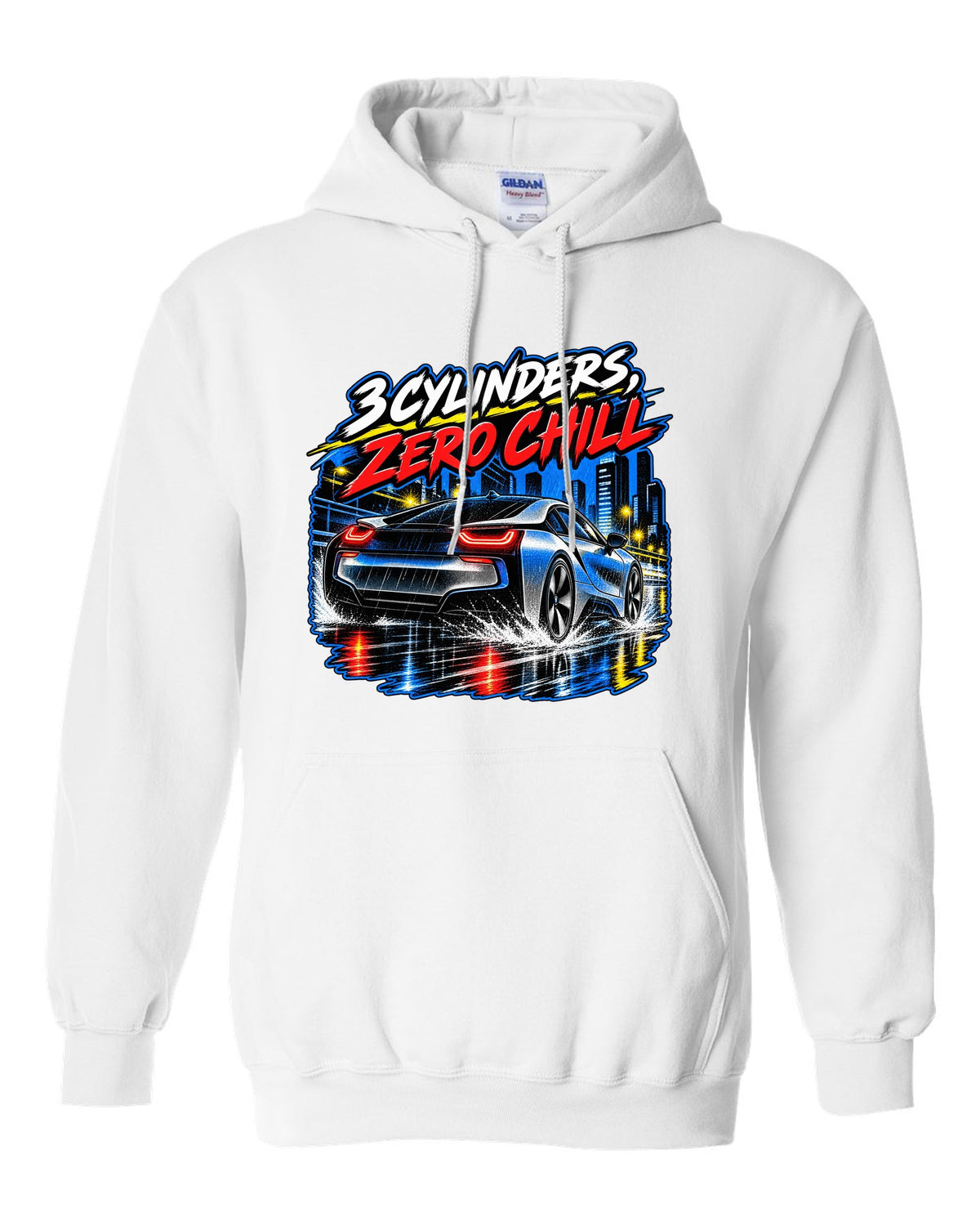 BMW i8 I12 retro manga halftone panel print with 3 cylinders zero chill text white pull over hoodie front view with the design