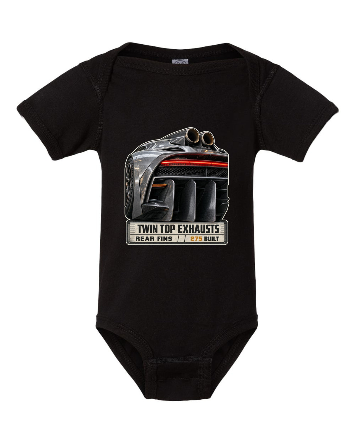 Mercedes-AMG One rear taillight and twin top exhaust macro black baby onesie front view with the design