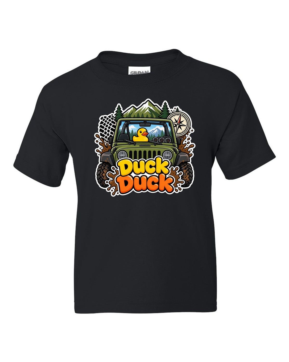 Sticker-bomb collage print of a Jeep Wrangler JK dashboard with ducks black kids tee front view with the design