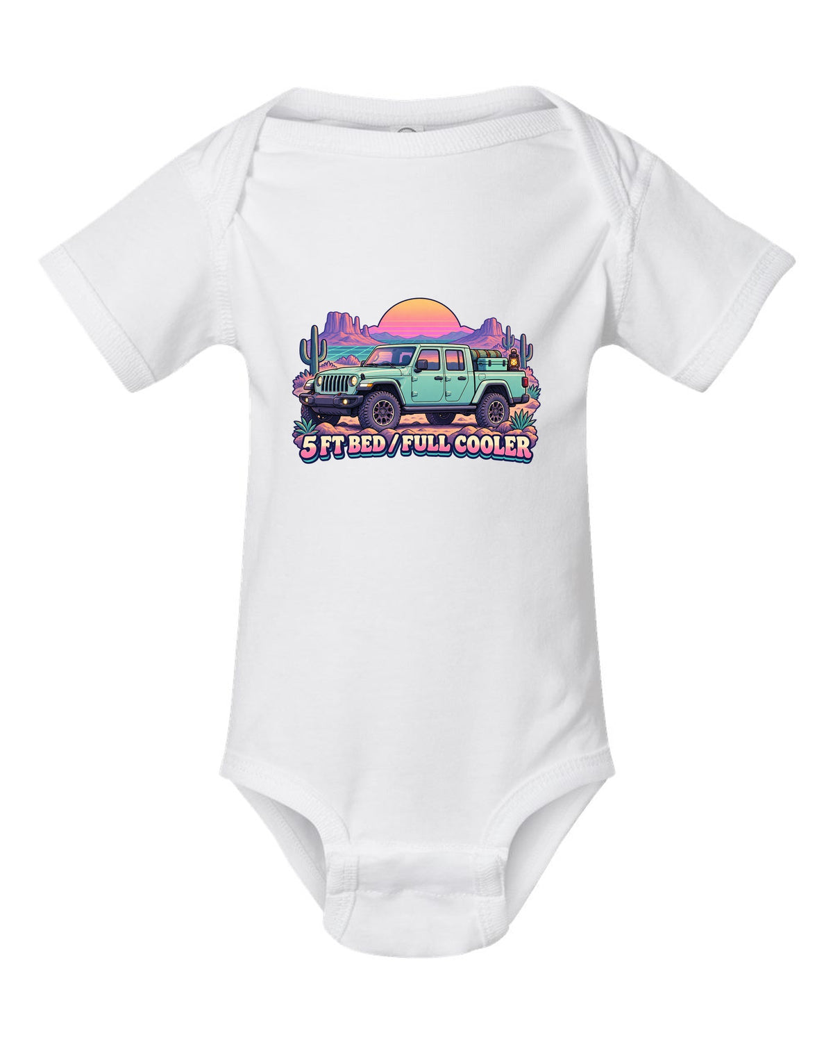 Vaporwave pastel print of a Jeep Gladiator JT in a desert camp with cooler text white baby onesie front view with the design