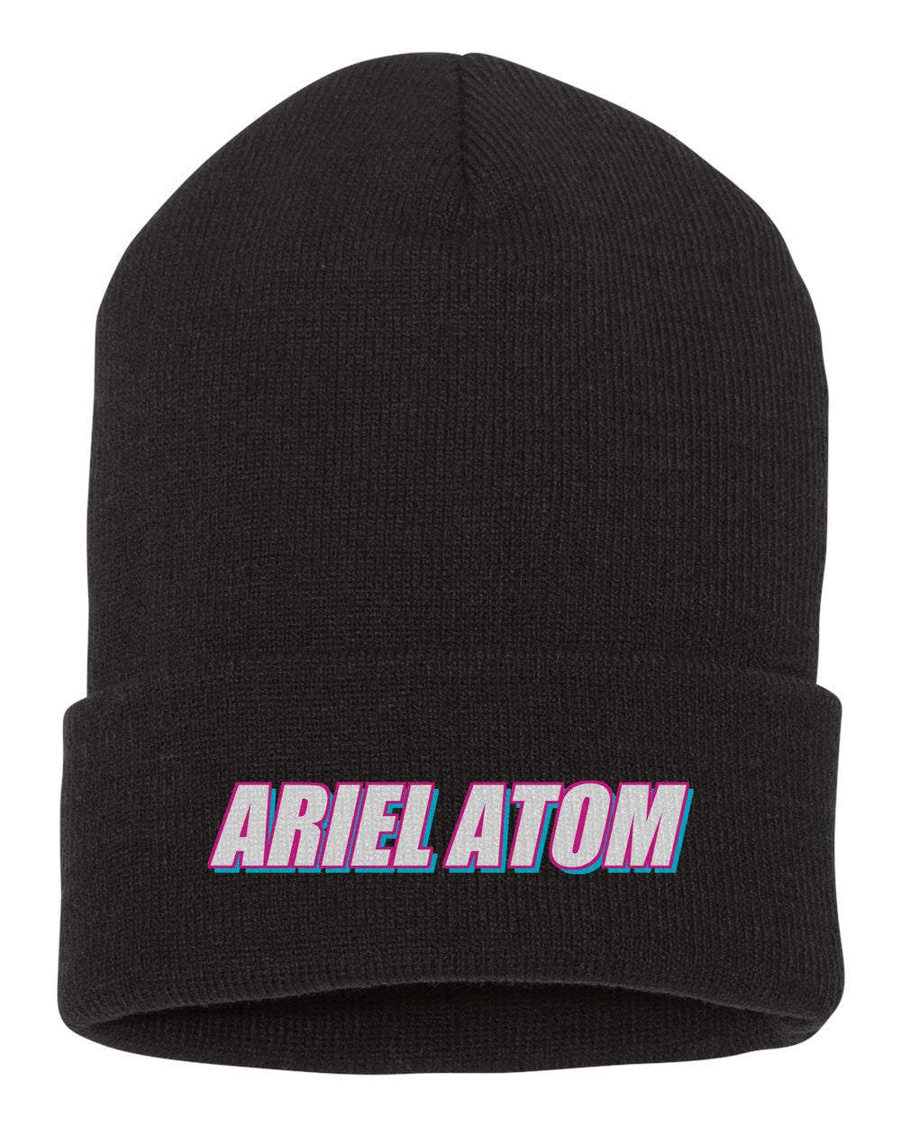 Ariel Atom black beanie front view with car name