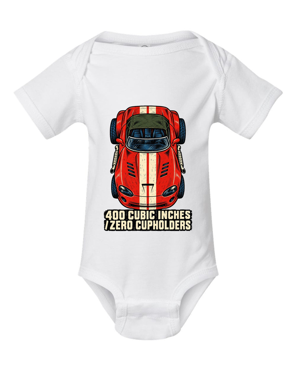 Four-ink linocut print of a 1993 Dodge Viper RT/10 with zero cupholders text white baby onesie front view with the design