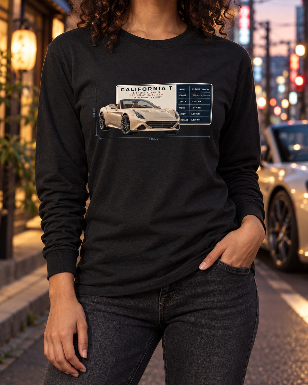 Ferrari California T Spec Poster Shirt, 755 Nm Grand Tourer Long Sleeve Black worn hero