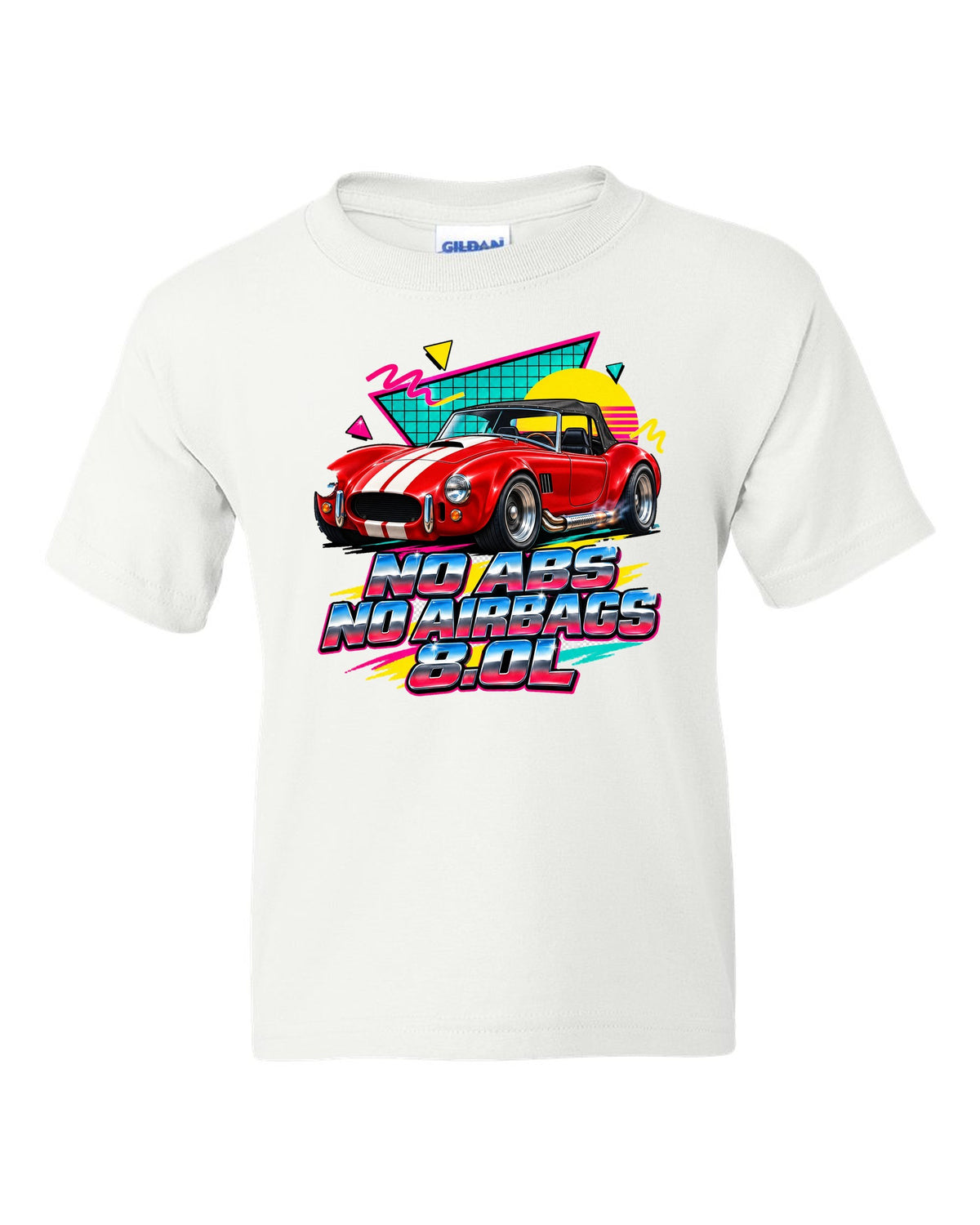 Airbrushed 90s Memphis grid print of a 1992 Dodge Viper RT/10 with no ABS text white kids tee front view with the design