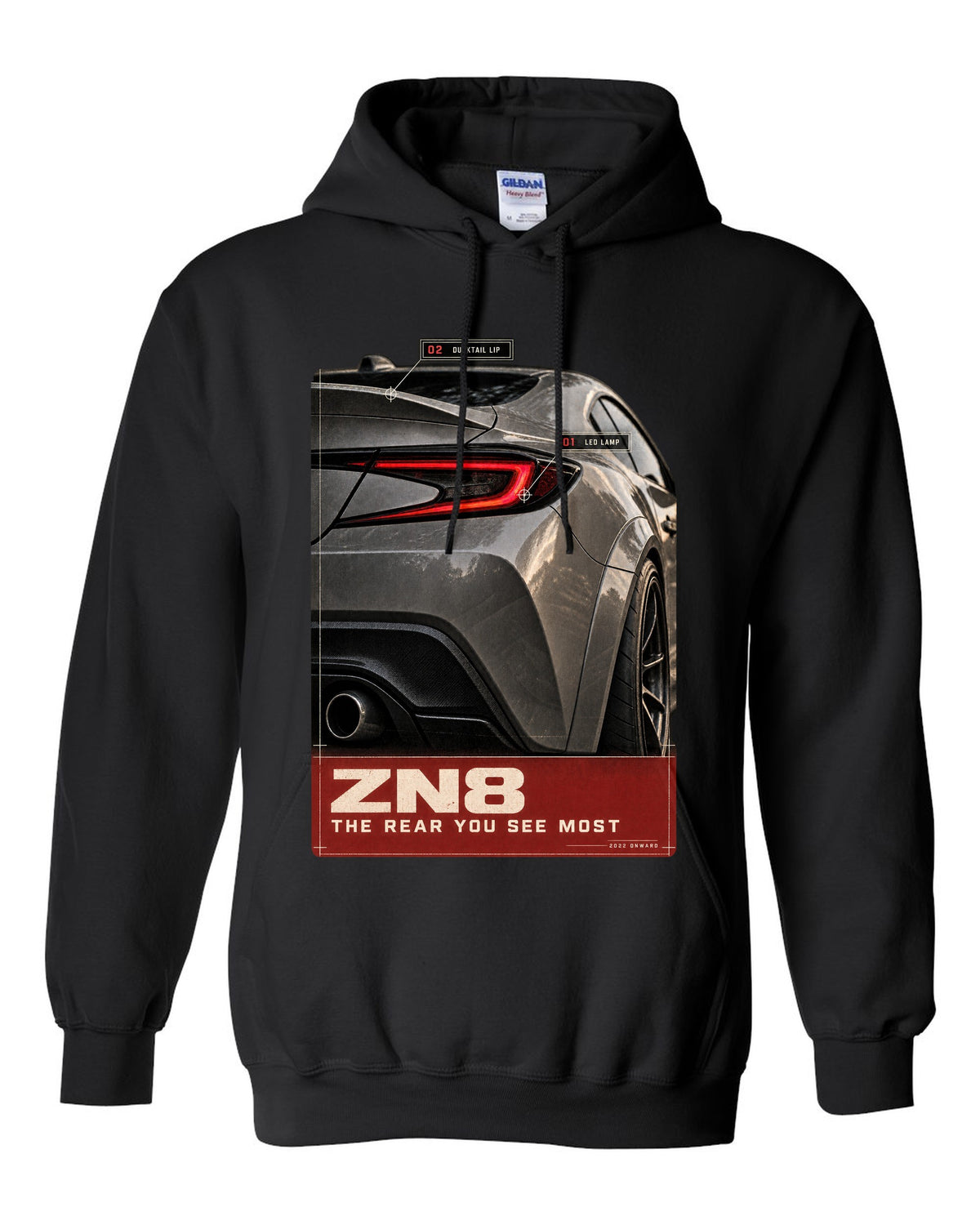 Macro poster-style print of the rear lamp on a Toyota GR86 ZN8 black pull over hoodie front view with the design