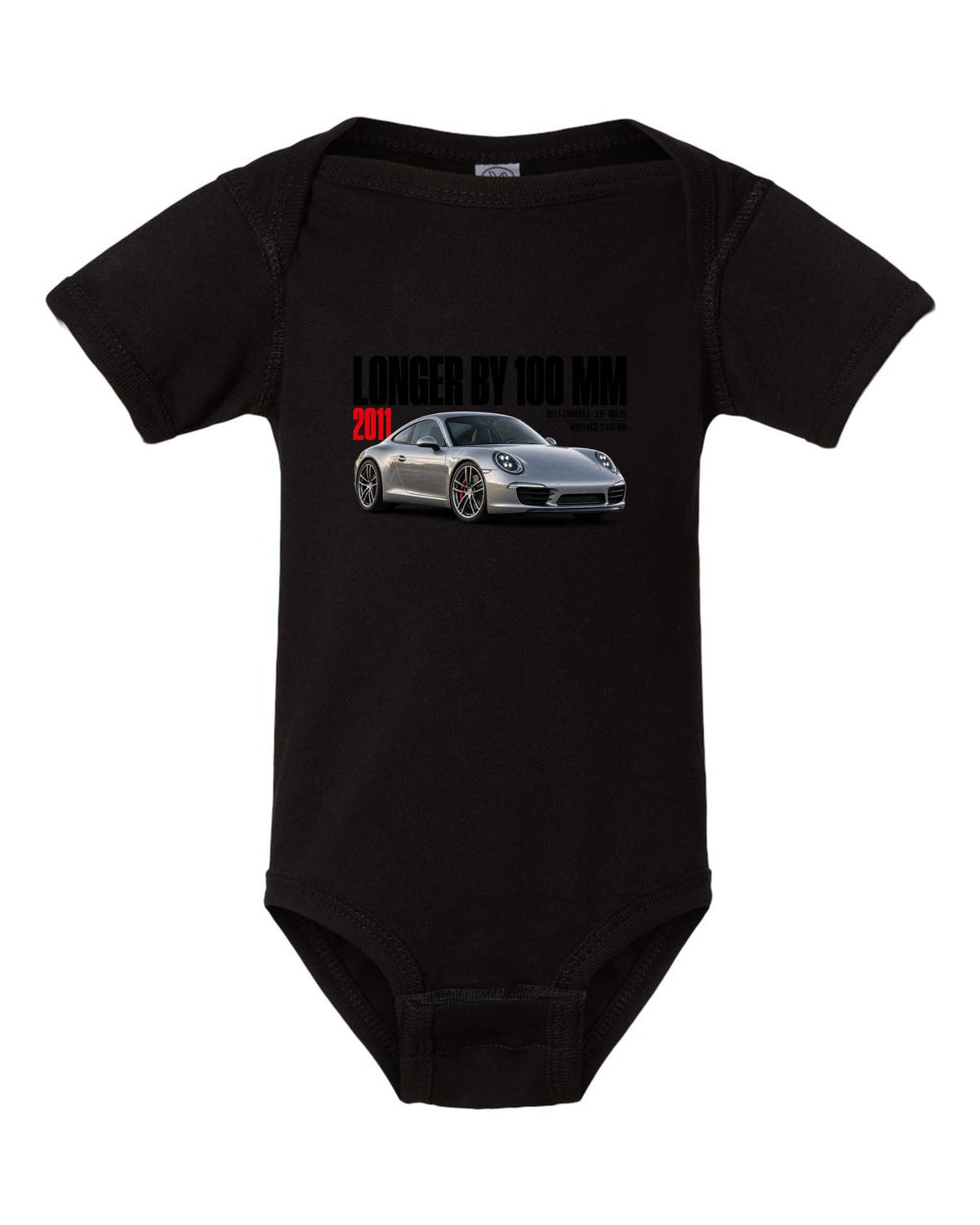 Editorial headline print of a Porsche 911 Carrera S 991.1 with longer-by-100-mm caption black baby onesie front view with the design