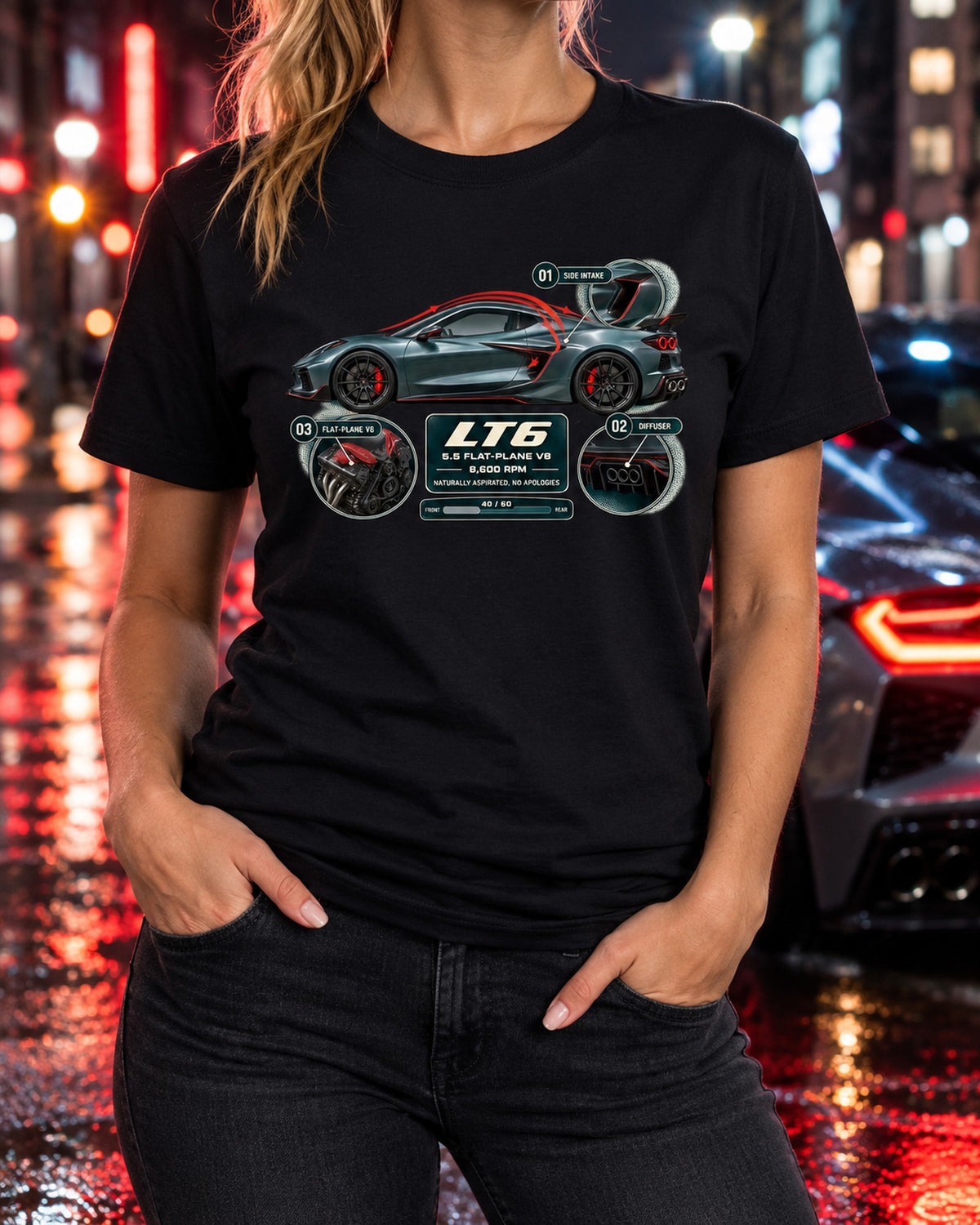 Chevrolet Corvette C8 Z06 Aero Callouts Tee, Flat-Plane V8 Shirt T-Shirt Black worn hero