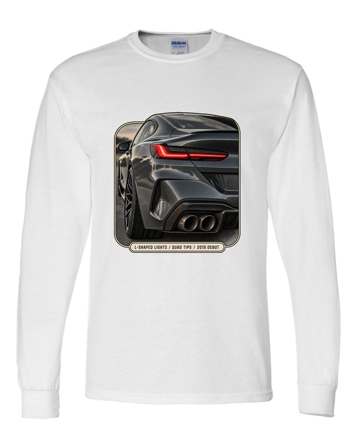 BMW M8 Competition F92 taillight detail macro print on a tee white long sleeve front view with the design