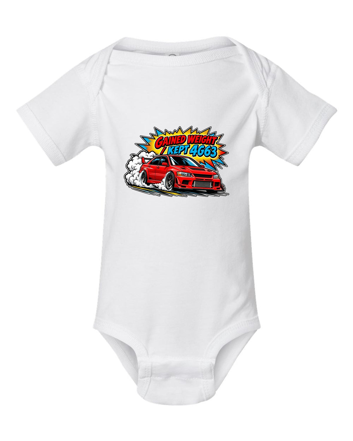 Comic halftone pop-art launch print of the Mitsubishi Evo VII CT9A with gained weight kept 4G63 text white baby onesie front view with the design