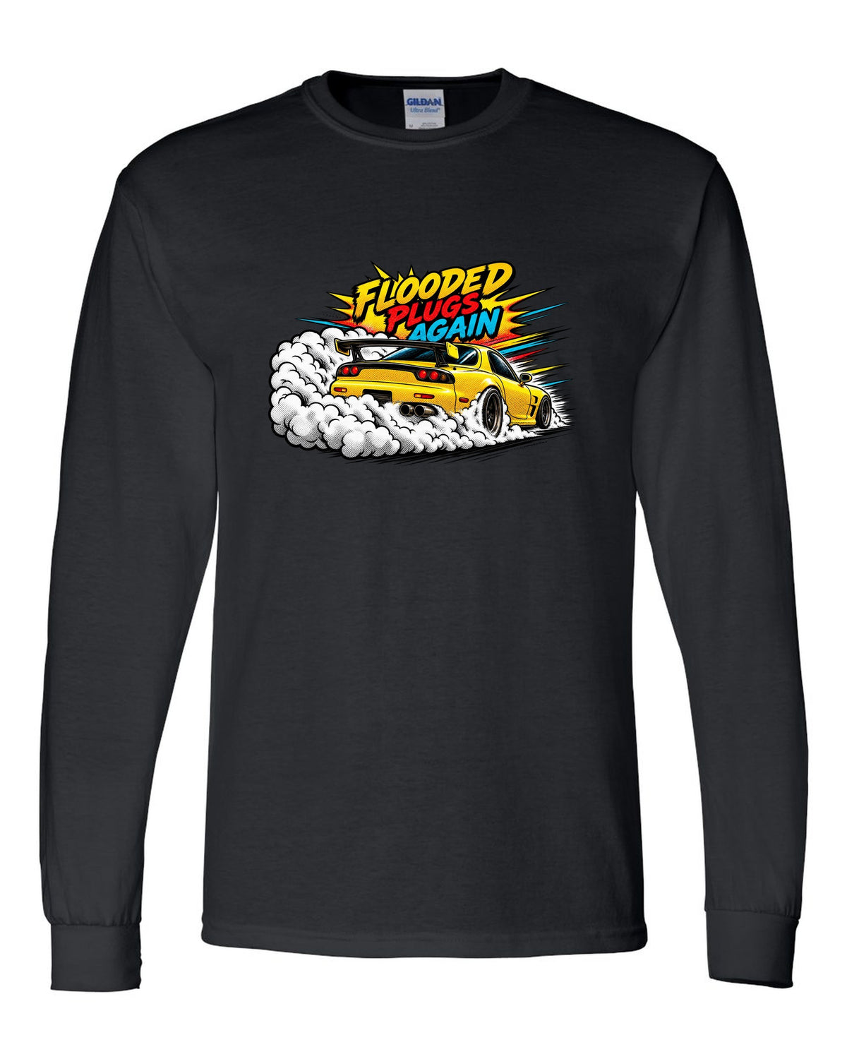 Comic halftone pop art print of a Mazda RX-7 FD3S with text Flooded, Plugs, Again black long sleeve front view with the design