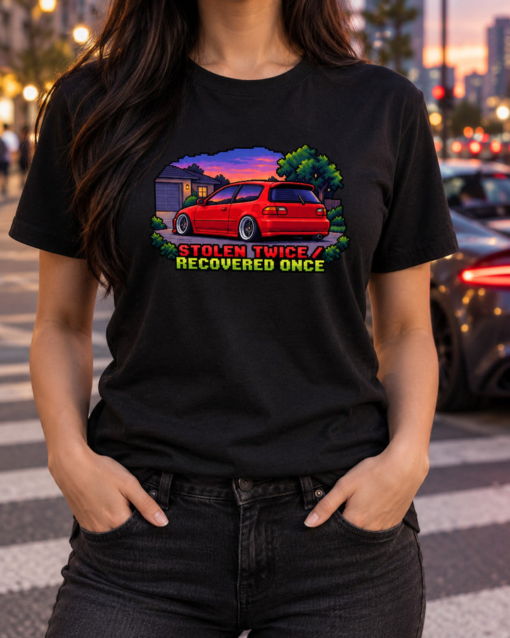 Honda Civic EG6 SiR Stolen Twice 16-Bit Pixel Art Shirt T-Shirt Black worn hero