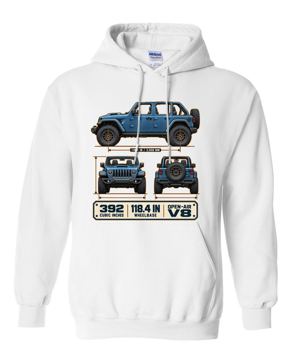 Dimension blueprint print of the Jeep Wrangler Rubicon 392 JL showing wheelbase and V8 white pull over hoodie front view with the design