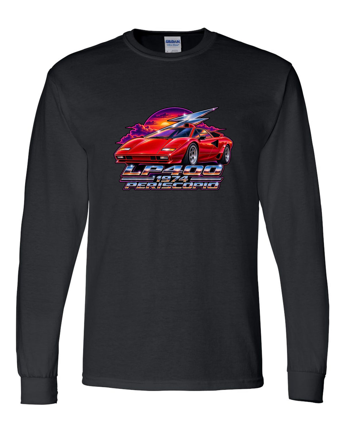 80s airbrush chrome style Lamborghini Countach LP400 with LP400 1974 Periscopio text black long sleeve front view with the design