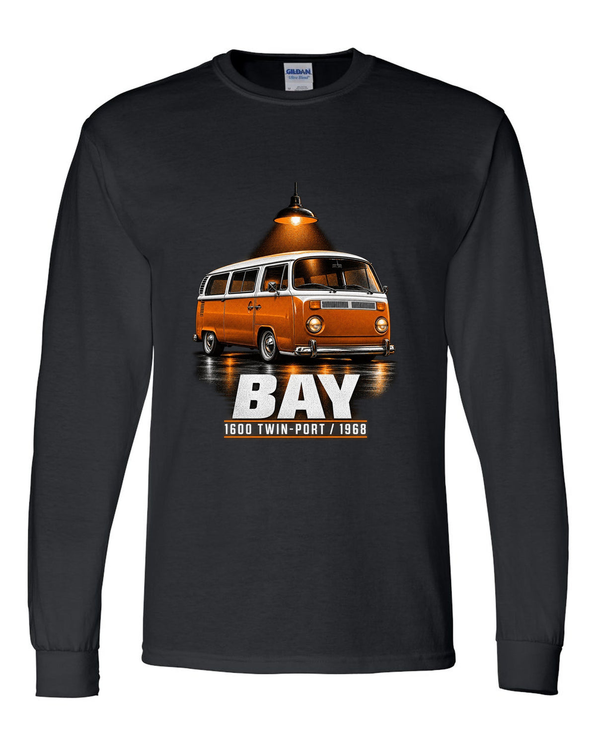 Garage night print of a 1968 VW T2 bay-window Type 2 bus black long sleeve front view with the design