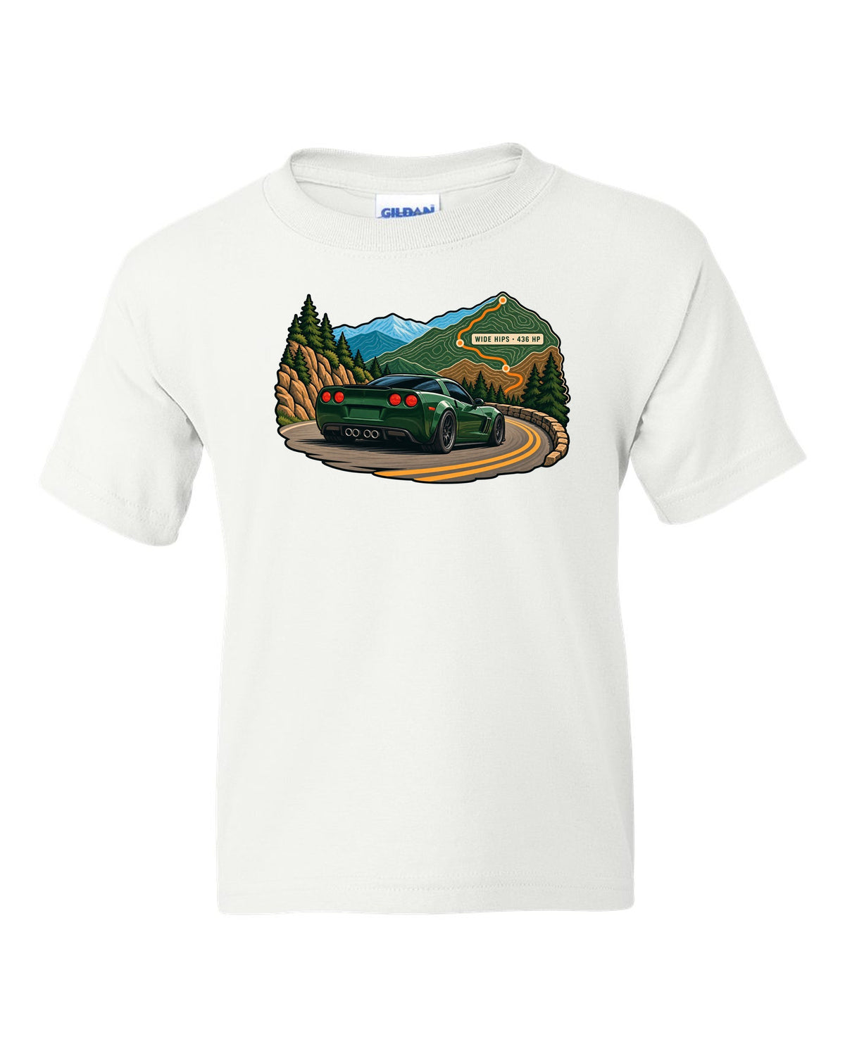 Topographic contour map print of a 2010 Chevrolet Corvette C6 Grand Sport with Wide Hips 436 HP text white kids tee front view with the design