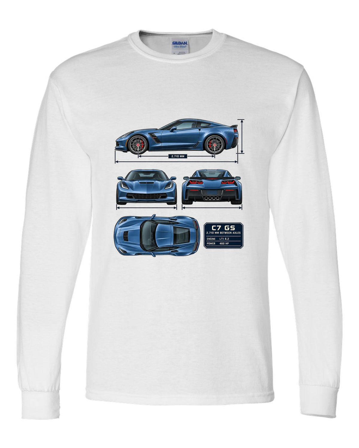 print of a Chevrolet Corvette C7 Grand Sport dimension blueprint with 2,710 mm wheelbase white long sleeve front view with the design