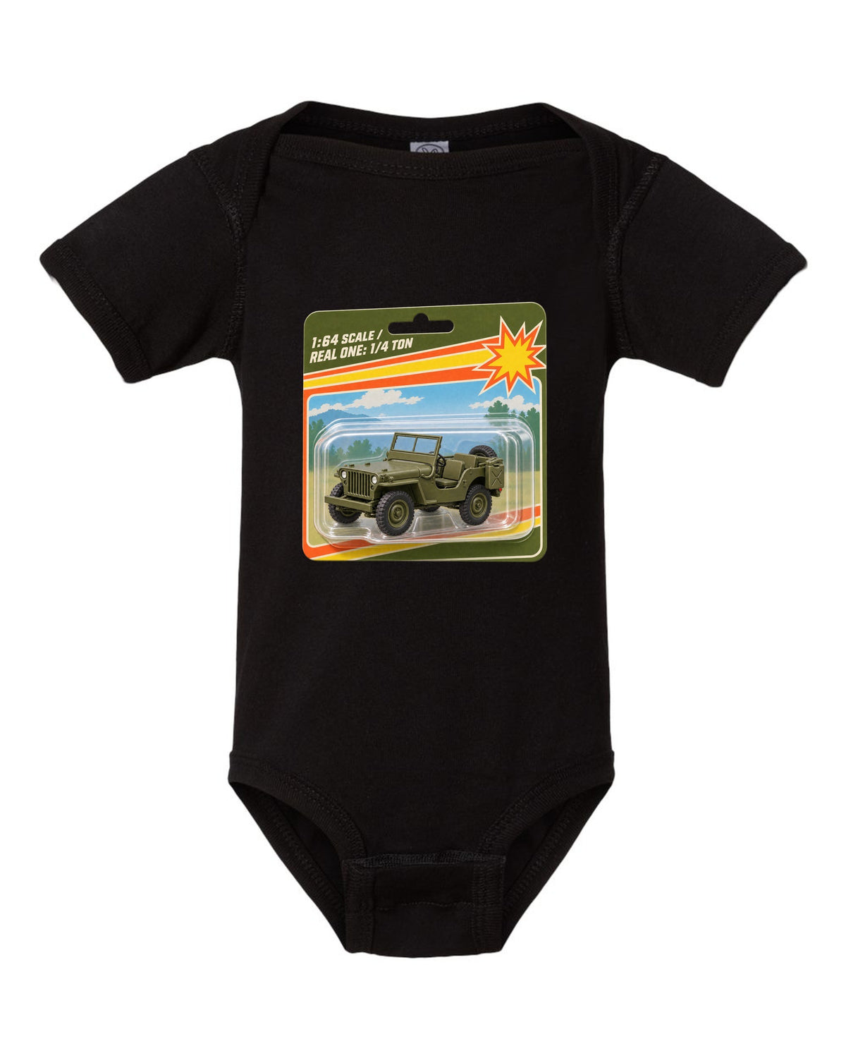 Toy blister card style print of a Willys MB with 1:64 scale text black baby onesie front view with the design