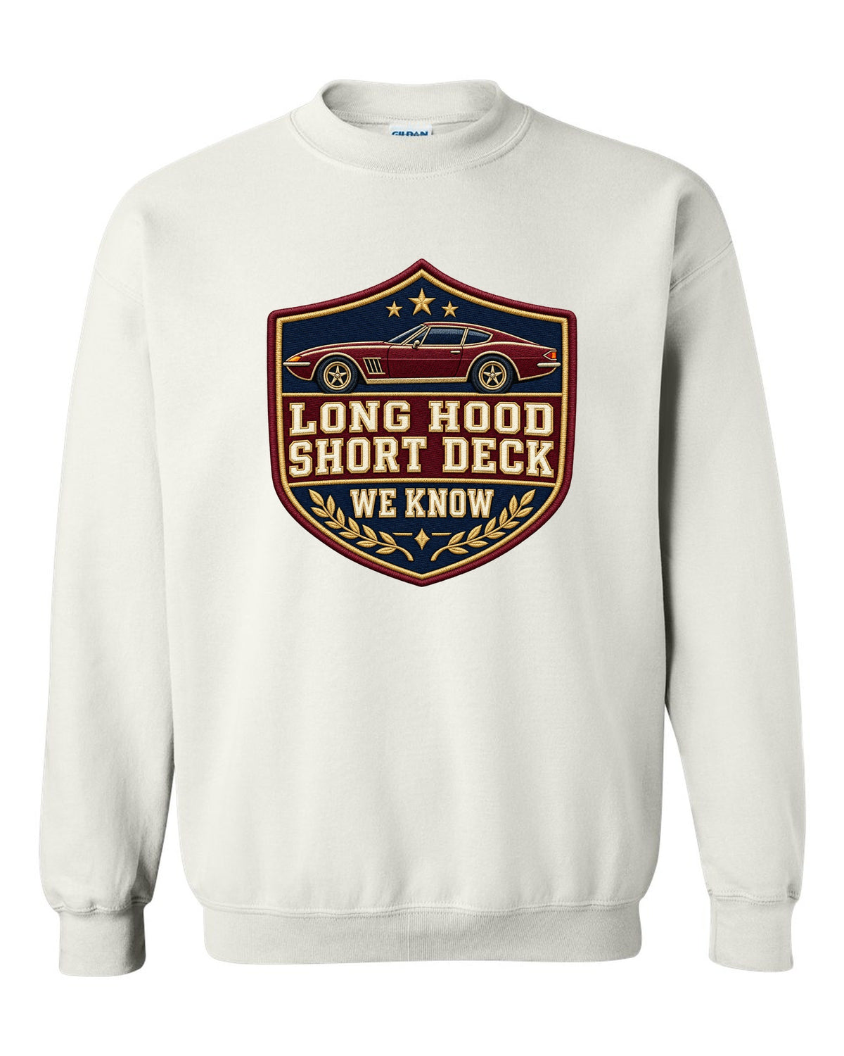 Embroidery varsity crest print for a Hyundai Genesis Coupe BK2 with long hood short deck text white crewneck front view with the design