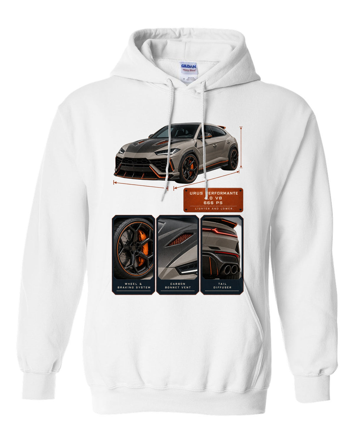 Dossier panel print of the Lamborghini Urus Performante white pull over hoodie front view with the design