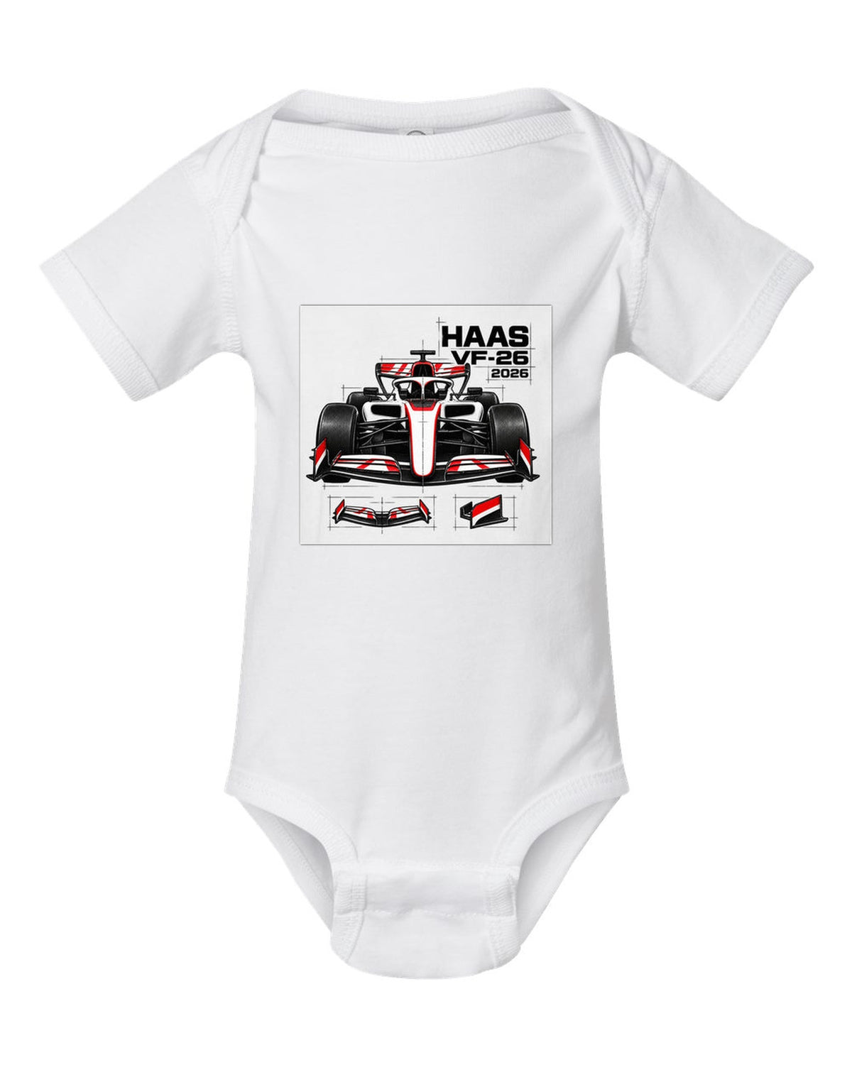 Haas VF-26 2026 F1 car technical poster artwork white baby onesie front view with the design