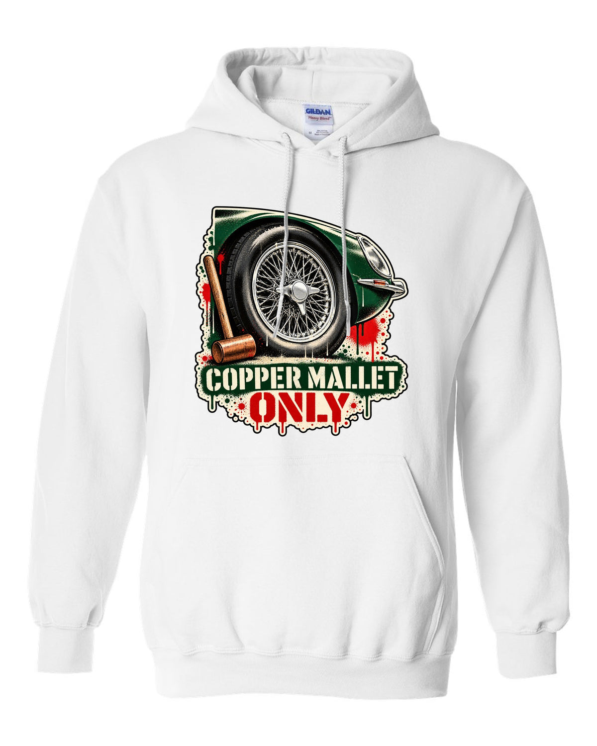 Spray stencil street art print of a Jaguar E-Type Series 1 wire wheel with copper mallet lettering white pull over hoodie front view with the design