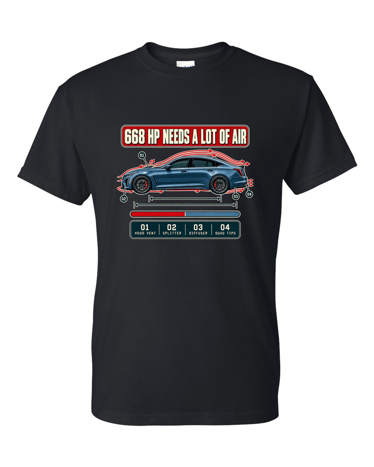 Aero cutaway print of a Cadillac CT5-V Blackwing with numbered callouts black t-shirt front view with the design