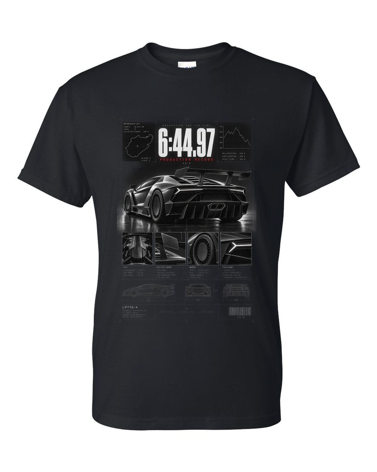 Dossier panel print of a Lamborghini Aventador SVJ LP770-4 with 6:44.97 production record text black t-shirt front view with the design