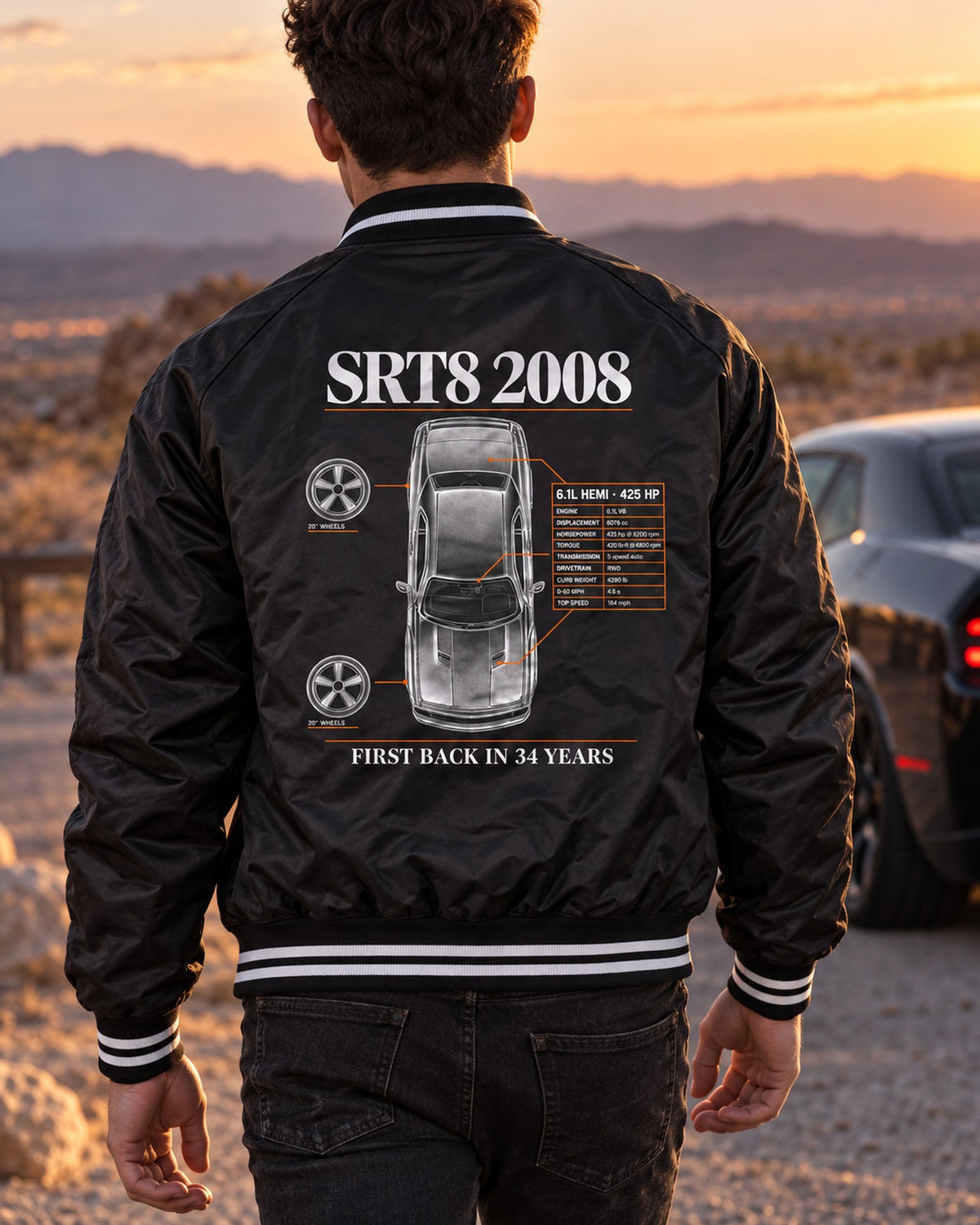 2008 Challenger SRT8 6.1 Hemi Spec Poster Tee, 425 HP Bomber Jacket Black worn hero