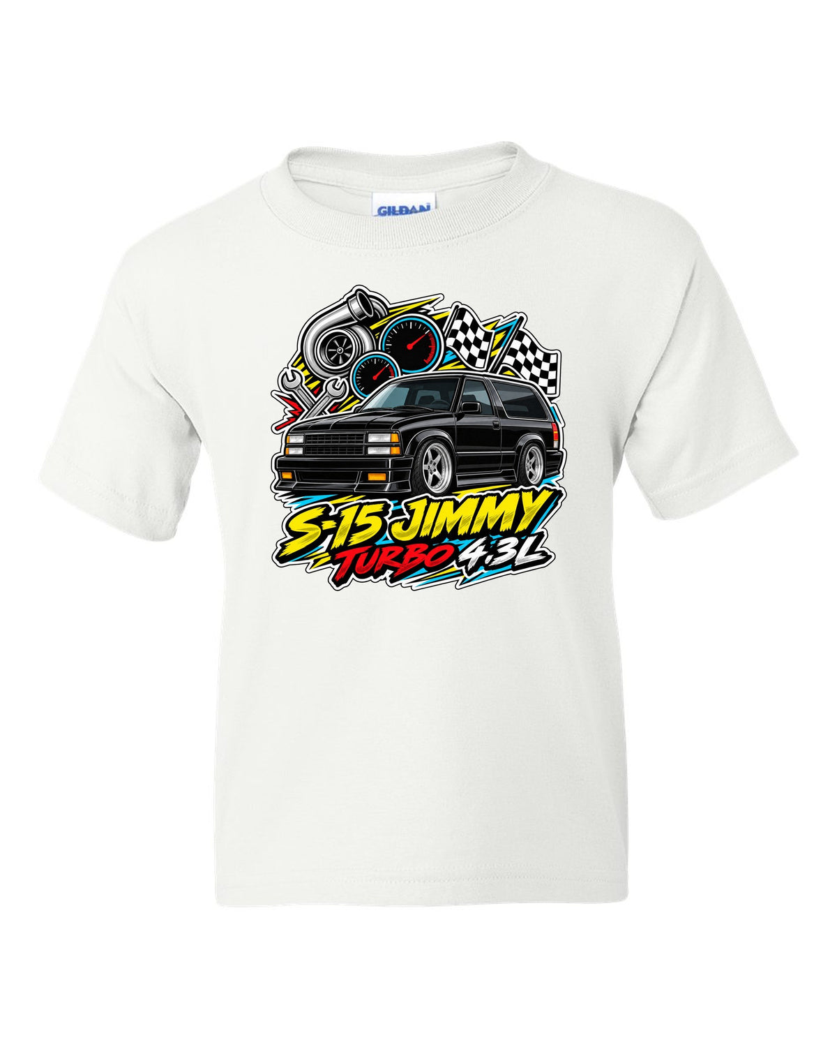 Sticker-bomb collage print of a 1992-93 GMC Typhoon with S-15 Jimmy Turbo 4.3L lettering white kids tee front view with the design