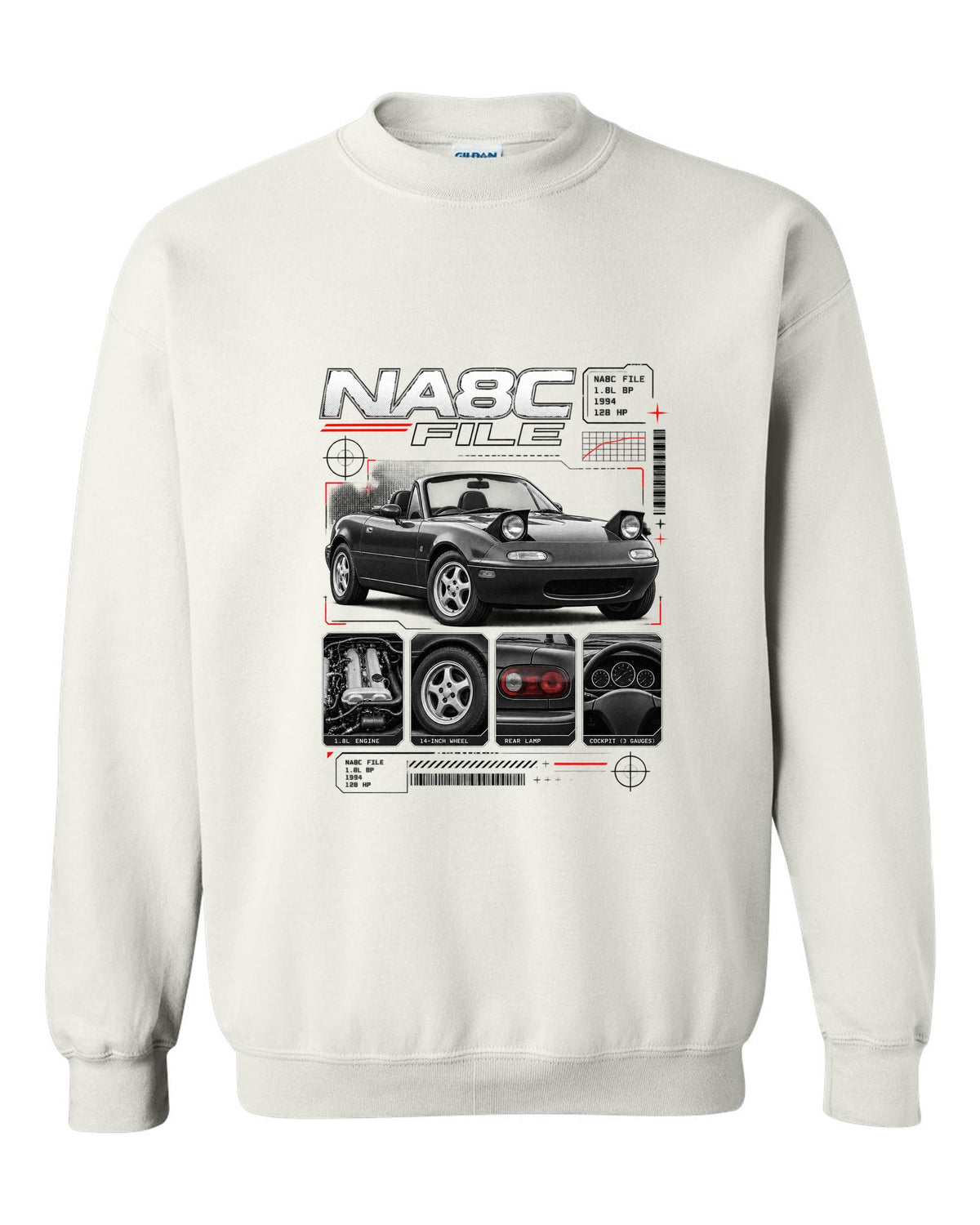 Dossier panel print of a Mazda MX-5 NA Eunos Roadster with NA8C spec lettering white crewneck front view with the design