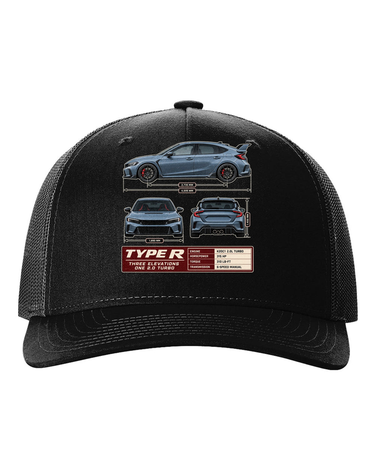 Civic Type R FL5 Three-View Spec Sheet Tee for Car Guys black hat front view with the design