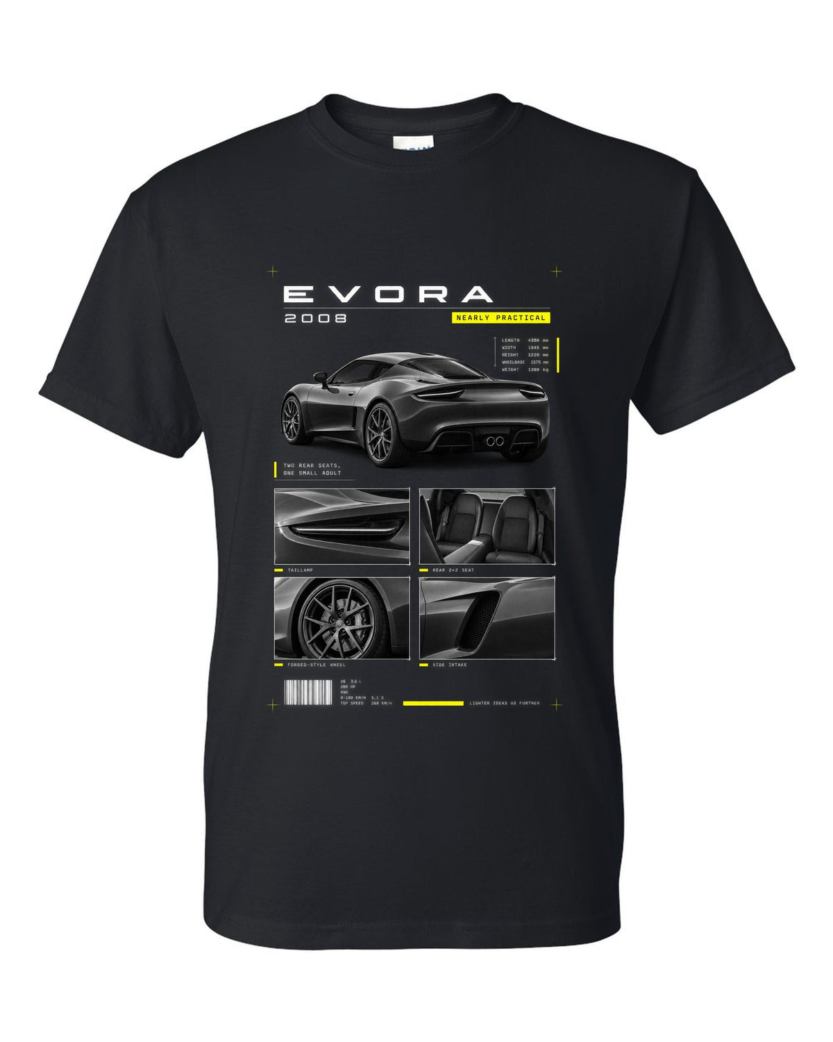 Lotus Evora 2008 dossier panels print black t-shirt front view with the design