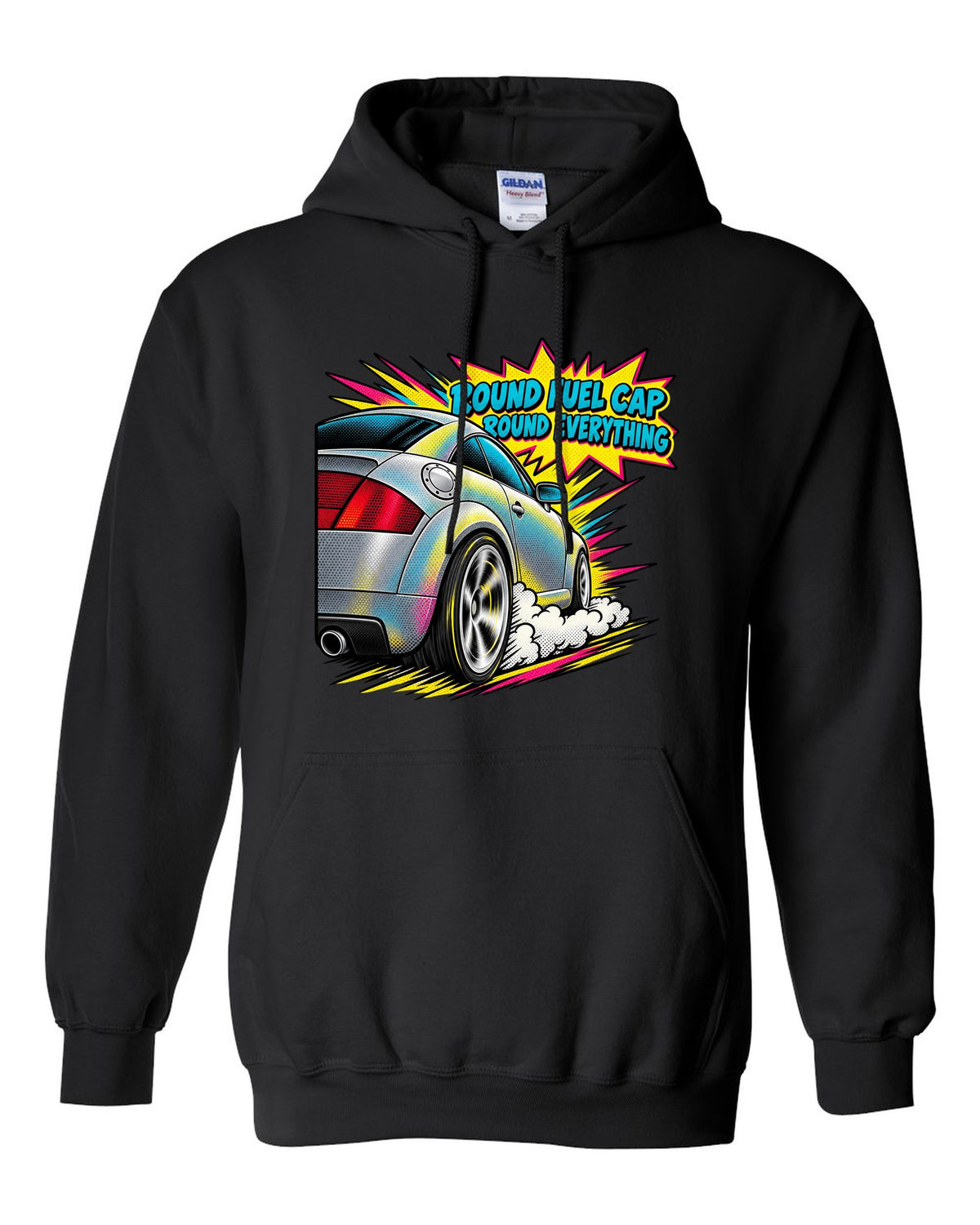 Comic halftone pop-art print of an Audi TT 8N with Round Fuel Cap text black pull over hoodie front view with the design