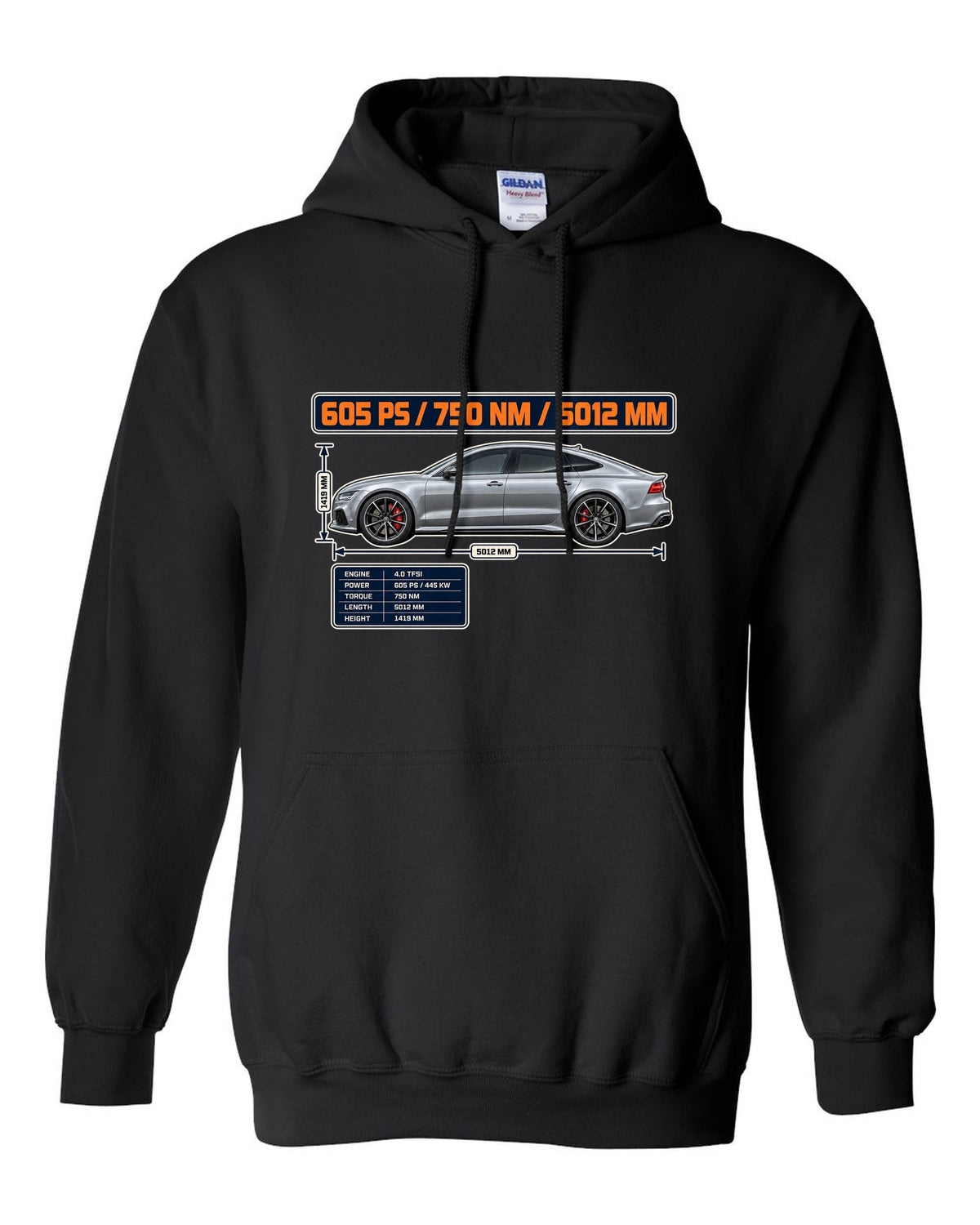 Audi RS7 Sportback performance C7 spec poster print black pull over hoodie front view with the design
