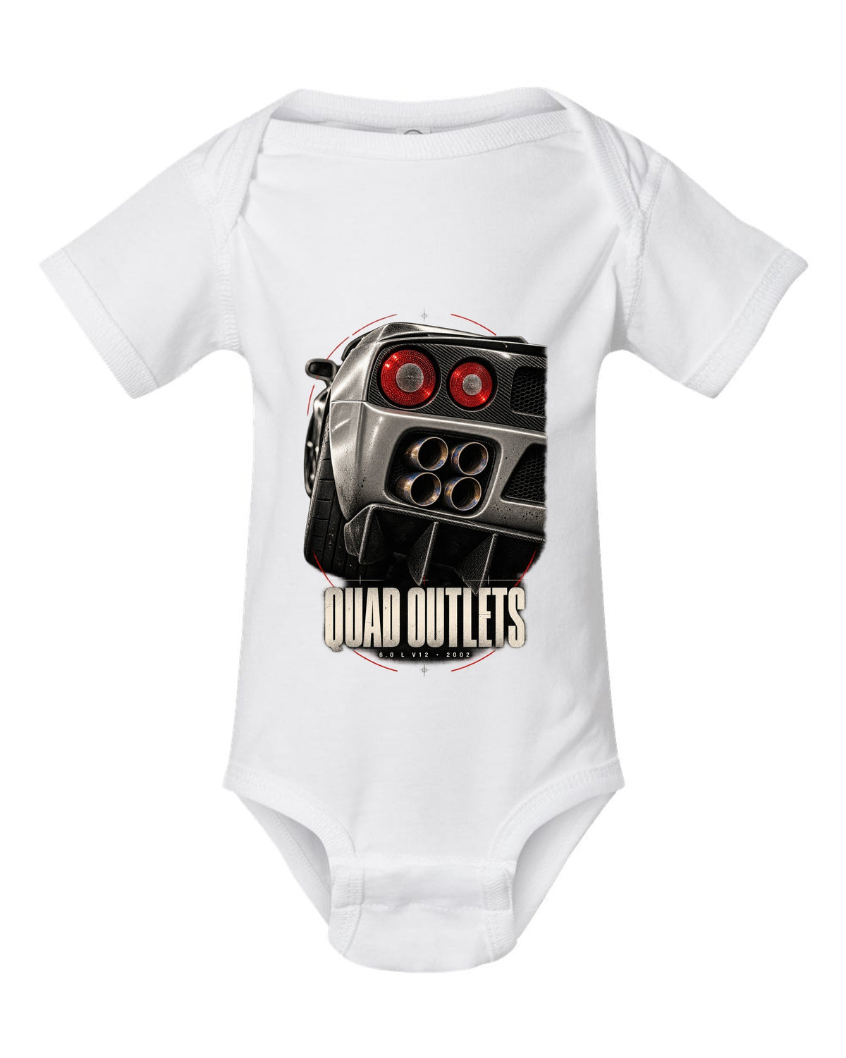 Ferrari Enzo 2002 rear detail macro print of four exhaust outlets, 6.0 L V12 white baby onesie front view with the design