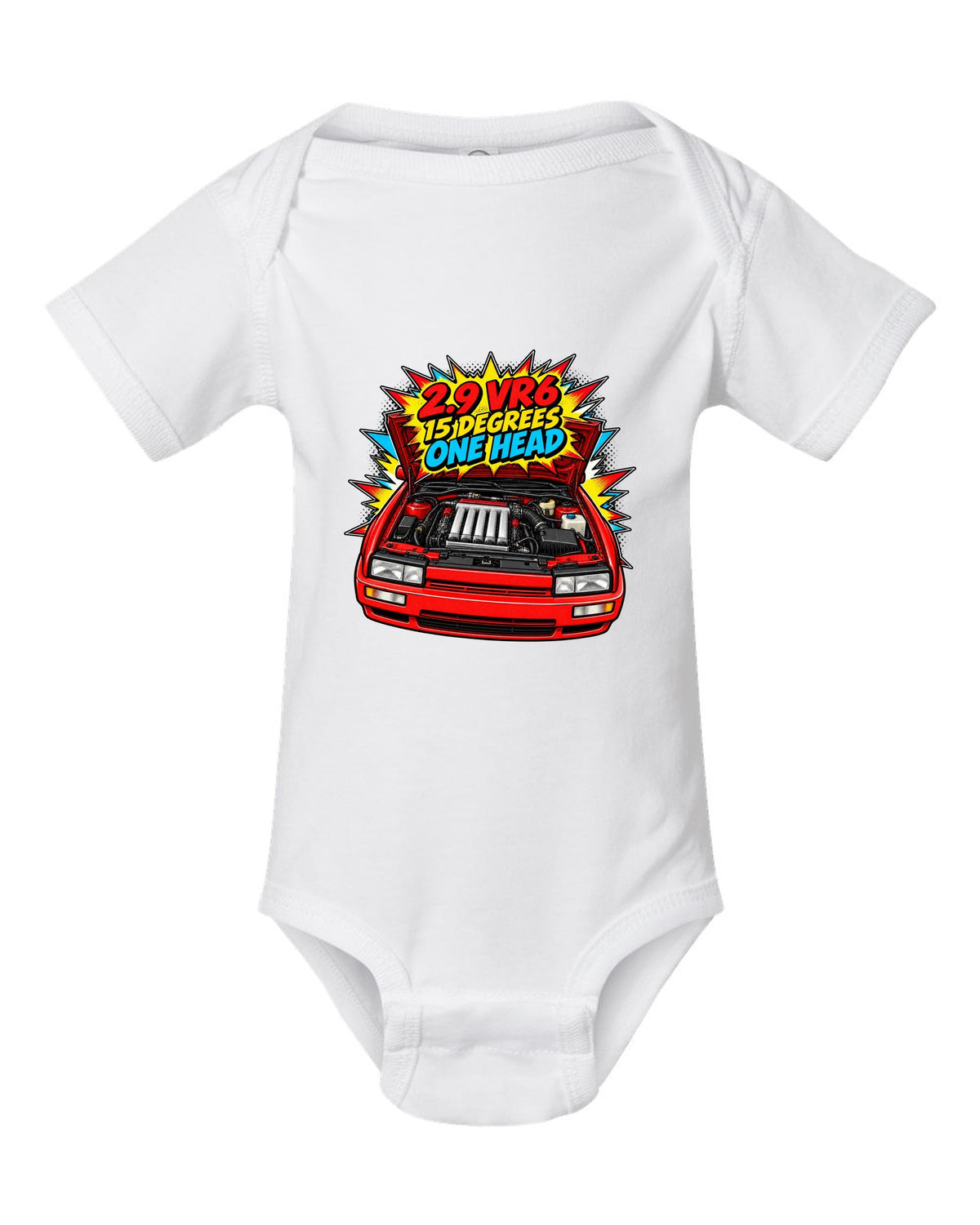 Comic halftone pop-art VW Corrado VR6 with 2.9 VR6 15 degrees one head text white baby onesie front view with the design