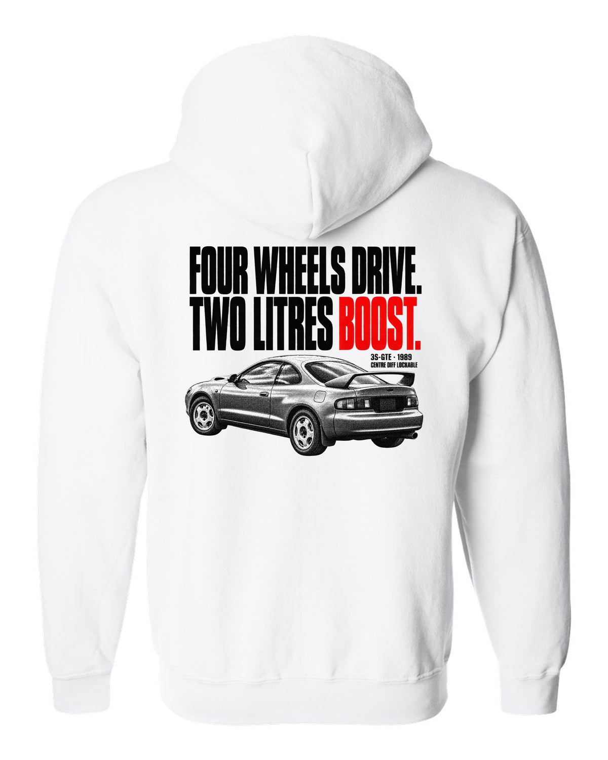 Halftone print of a Toyota Celica GT-Four ST185 with 3S-GTE and centre diff text white zip hoodie back view with the design