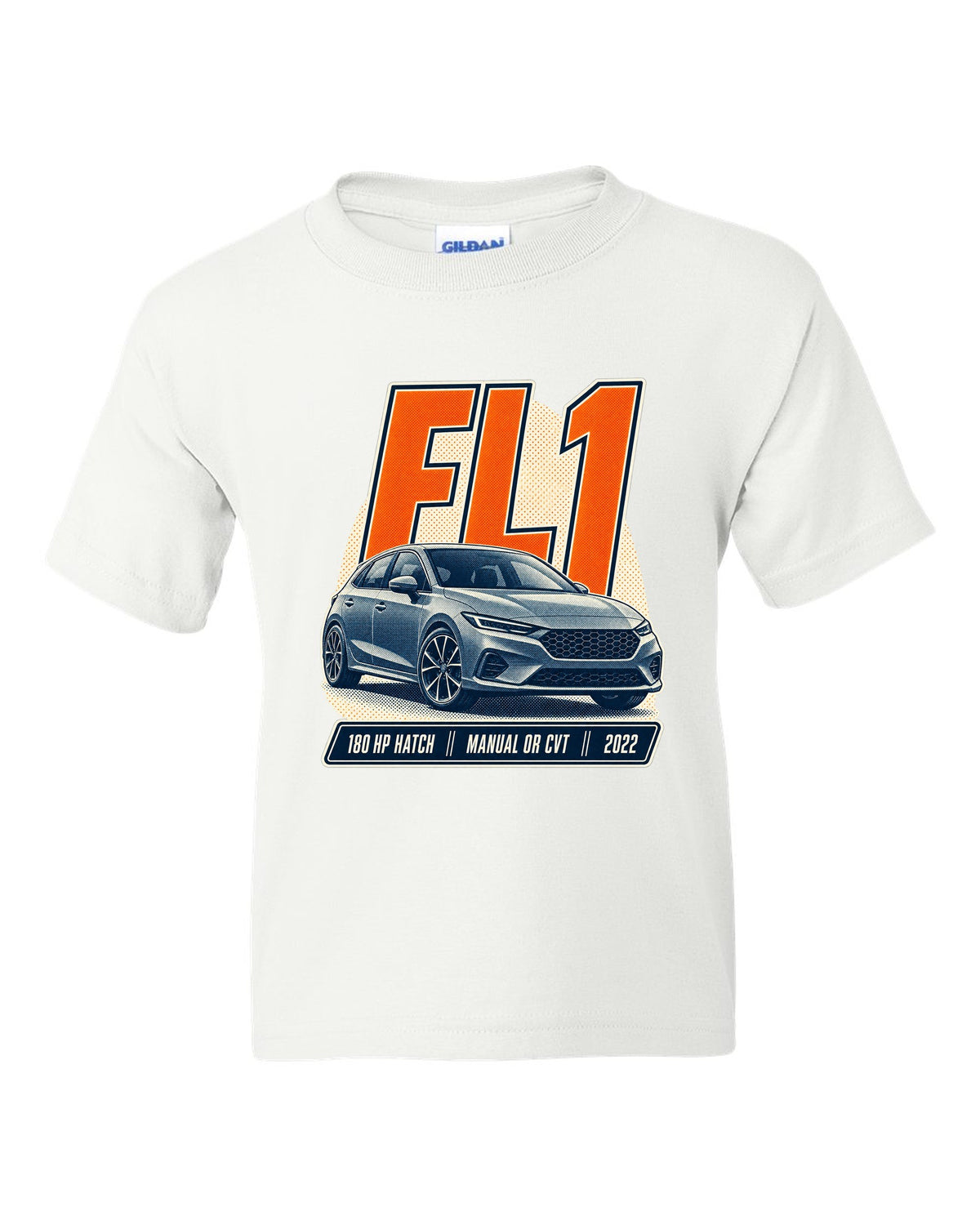 Honda Civic chback FL1 halftone front three-quarter print white kids tee front view with the design