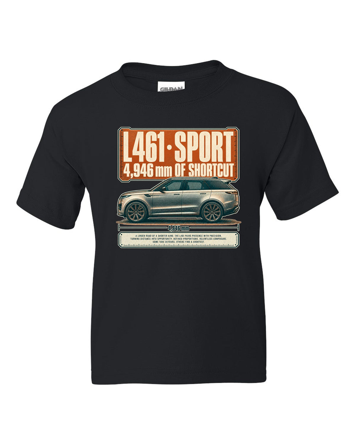 Halftone statement print of the Range Rover Sport L461 with length lettering black kids tee front view with the design