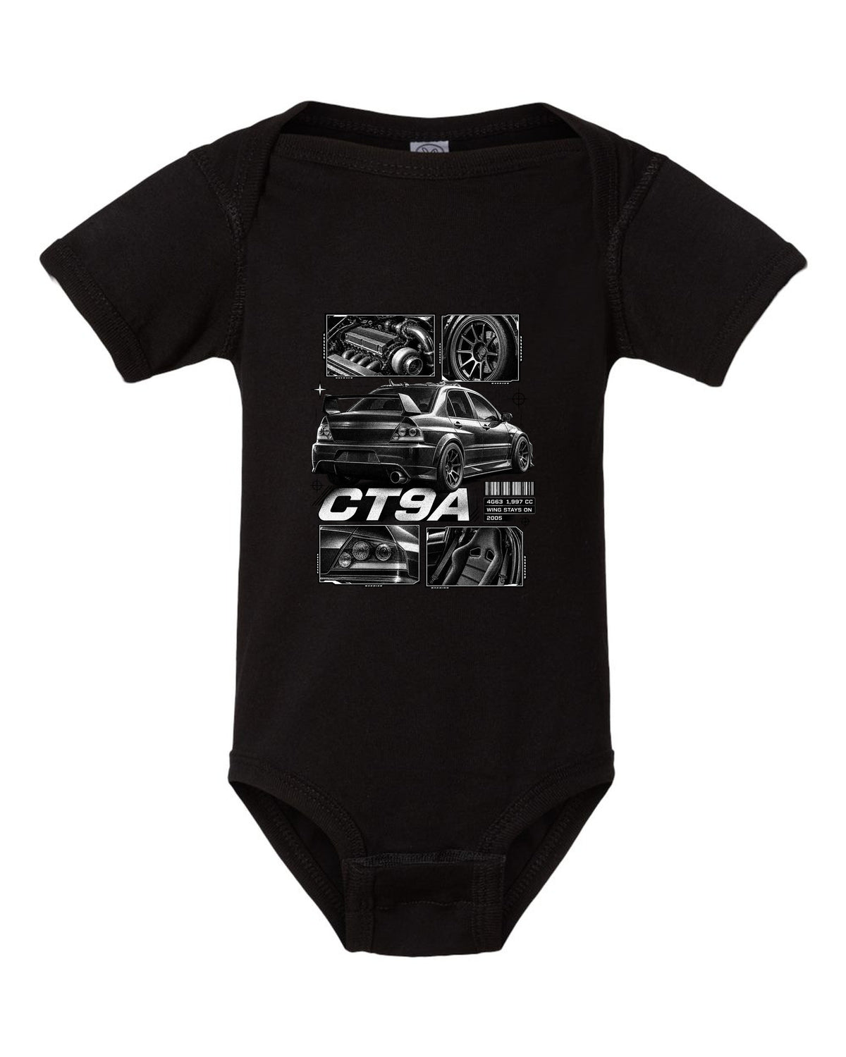 Dossier panel print of a Mitsubishi Lancer Evolution VIII IX CT9A black baby onesie front view with the design