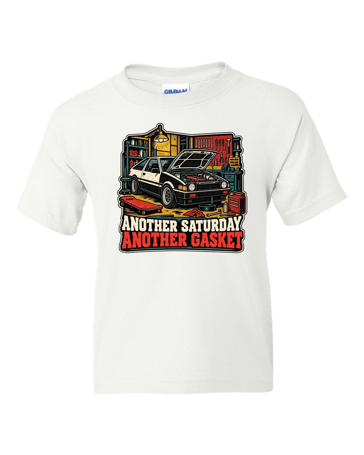 Linocut woodcut-style Toyota Corolla Levin AE86 with garage Saturday slogan white kids tee front view with the design