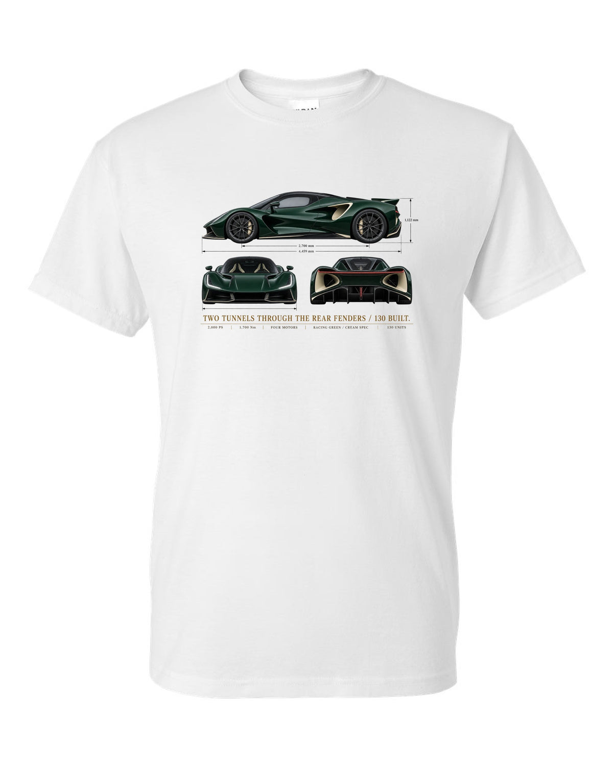 Lotus Evija three-view spec sheet print with two tunnels through the rear fenders and 130 built text white t-shirt front view with the design