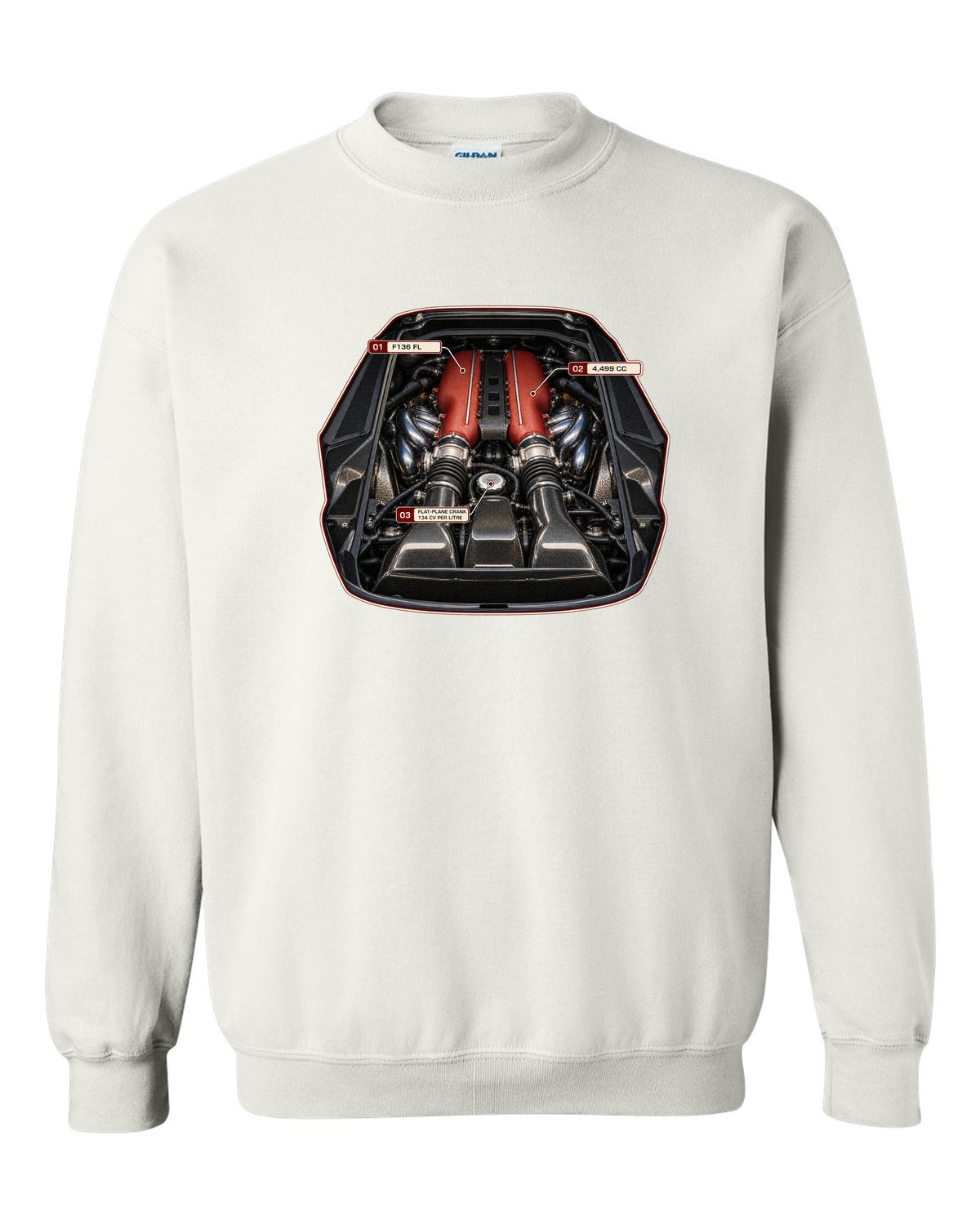Engine bay print of the Ferrari 458 Speciale F136 FL V8 white crewneck front view with the design