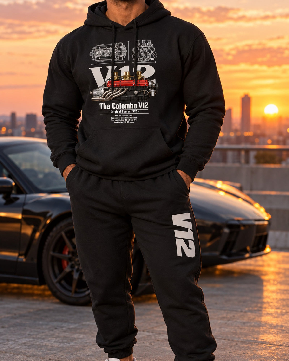 Ferrari Colombo V12 Engine Hoodie + Jogger Set Black worn hero